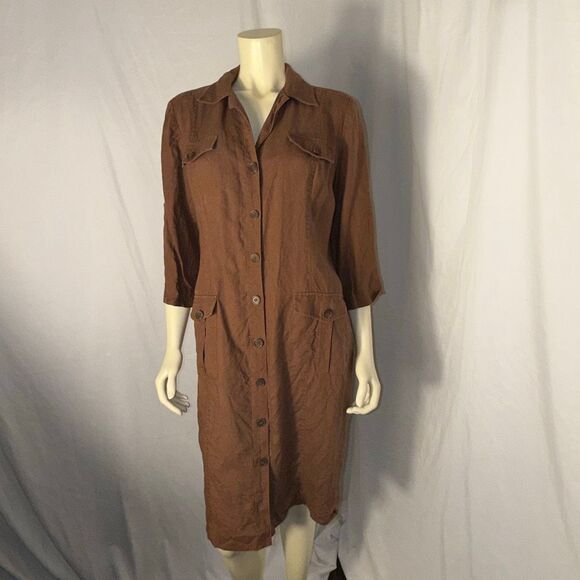 Vintage Maggy Linen Button-Front Utility Shirt Dress/Duster – Chestnut Brown, Si - Picture 2 of 13